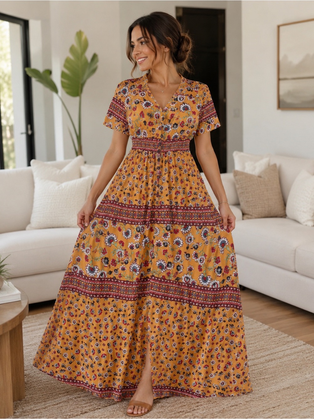 Cupshe Boho Floral Orange Tiered maxi Dress